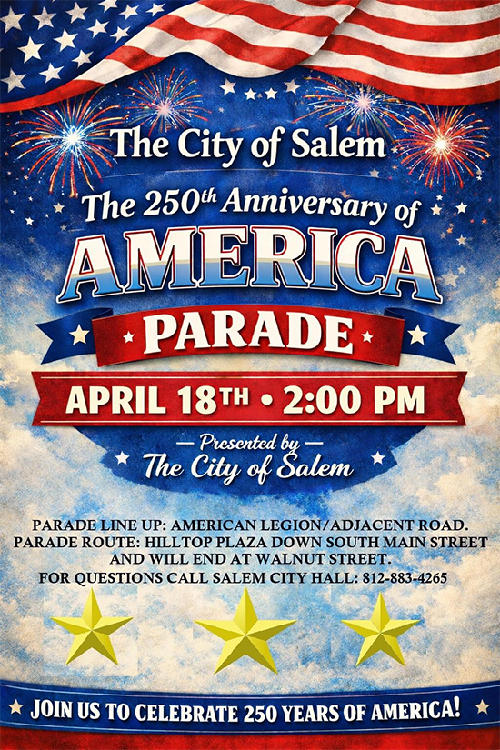 Graphic Featuring an invitation to participate in a 250th Anniversary parade in Salem Indiana